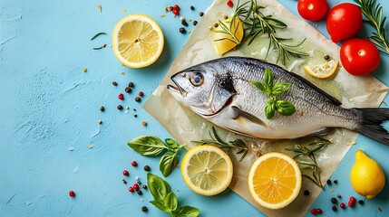Poster - Dorado fish with cooking ingredients on a parchment paper Blue background Top view : Generative AI