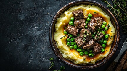 Poster - Mashed potatoes with beef meat and green peas in bowl Dark background Copy space Top view : Generative AI