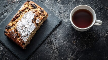 Poster - Banana coconut bread cake with cup of tea on slate board Dark stone background Copy space Top view : Generative AI