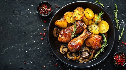 Poster - Duck legs confit with potato gratin and mushroom sauce Restaurant serving Copy space Top view : Generative AI