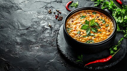 Poster - Bean soup in a black bowl Grey background Copy space Top view : Generative AI