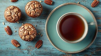 Poster - Pecan nut muffins on a plate with cup of tea on blue wooden background Top view : Generative AI