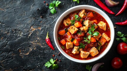 Poster - Chicken soup with vegetables in white bowl Grey stone background Top view : Generative AI