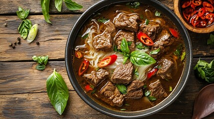 Poster - Traditional Vietnamese beef soup pho with sous Hoisin on a wooden background Copy space : Generative AI