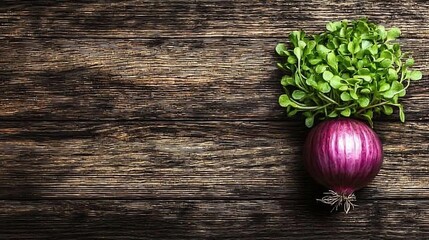 Aufkleber - Red onion with fresh green sprouts on wooden background Top view Copy space : Generative AI