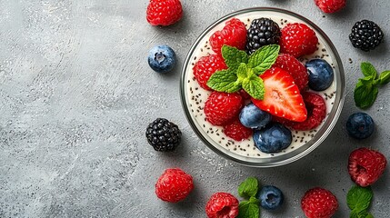 Poster - Chia seed pudding cheesecake custard dessert with fresh berries in a glass bowl on white plate Copy space Top view : Generative AI