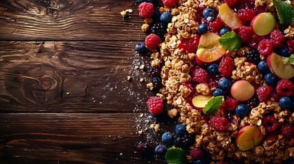 Poster - Crumble with berries and fruits Wooden background : Generative AI