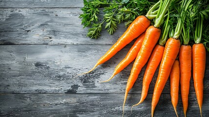 Poster - Fresh carrots bunch on a grey wooden background Copy space Top view : Generative AI
