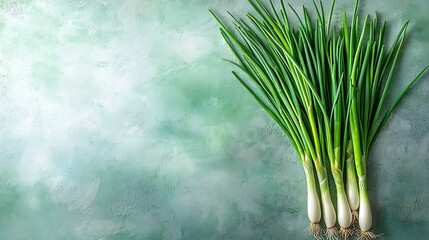 Aufkleber - Green onions on green pastel background Flat lay composition Top view : Generative AI