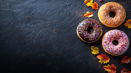 Poster - Donuts with Halloween decoration icing on black slate background Top view Copy space : Generative AI