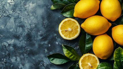 Poster - Fresh lemons on grey background Close up Top view : Generative AI