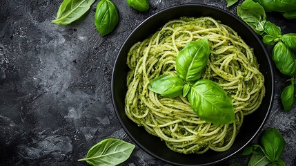 Poster - Pasta spaghetti with pesto sauce and fresh basil leaves in black bowl Grey background Top view : Generative AI