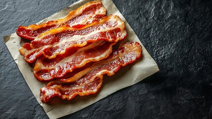 Poster - Raw bacon slices on parchment paper Grey slate background Copy space Top view : Generative AI