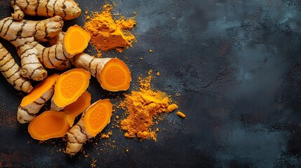 Poster - Fresh turmeric curcuma tumeric roots powder and dried slices Dark background Top view : Generative AI