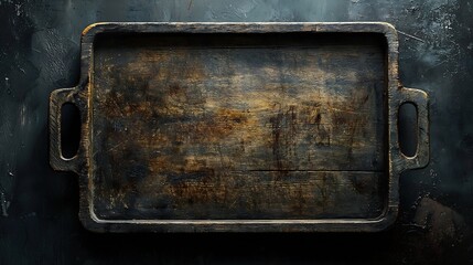 Poster - Wooden tray cutting board Dark background Frame copy space Top view : Generative AI