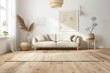 © Ali - Scandinavian-inspired living room interior design with light oak flooring, white walls, a beige sofa, and minimalist decor, creating a cozy and serene environment.