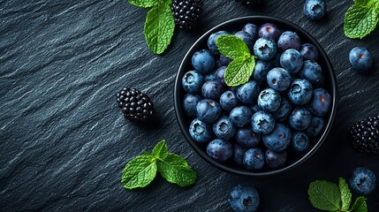 Poster - Fresh blueberry and blackberry berries with mint leaves in black bowl on blue stone backgroundTop view Copy space : Generative AI