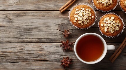 Poster - Carrot oat muffins cupcakes cakes with cup of tea Wooden background Close up Top view : Generative AI