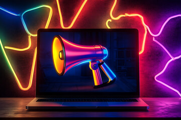 Poster - A colorful megaphone displayed on a laptop screen with neon light accents.