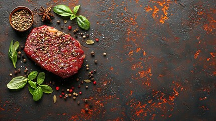 Poster - Raw beef steak with spices and ingredients for cooking Top view Copy space : Generative AI