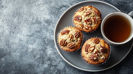 Wall Mural - Pecan nut muffins with cup of tea on a plate Grey background Top view : Generative AI