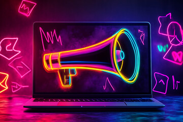Poster - A vibrant neon illustration of a megaphone on a laptop screen, symbolizing communication.