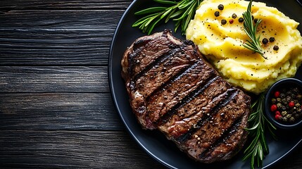 Poster - Beefsteak with mashed potato on a plate Grey wooden background Close up Top view : Generative AI