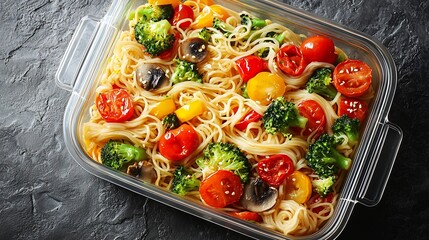 Stir fry noodles udon with vegetables in lunch box Grey background Close up : Generative AI