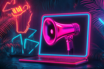 Poster - A neon-themed digital scene featuring a megaphone on a laptop, highlighting communication.