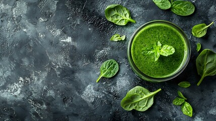 Wall Mural - Spinach smoothie Healthy drink in glass jar on grey stone background Copy space Top view : Generative AI