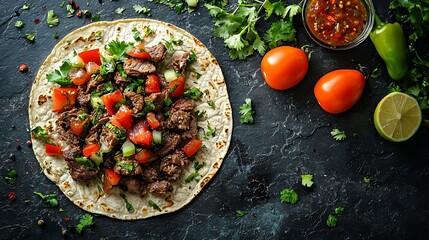 Poster - Mexican shredded beef with tortillas vegetables and sauce Grey background Copy space : Generative AI