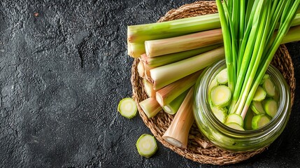 Poster - Lemongrass in a jar on grey stone background Top view Copy space : Generative AI
