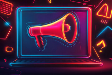 Poster - A neon illustration of a megaphone on a laptop, symbolizing communication and announcements.