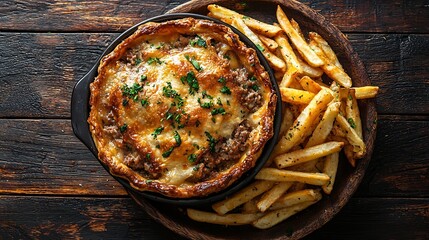 Poster - Meat pie with french fries on a plate Wooden background Top view : Generative AI