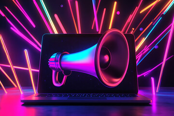 Poster - A vibrant laptop displaying a megaphone with colorful light streaks in the background.