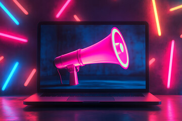 Poster - A laptop displays a vibrant pink megaphone against a neon backdrop.