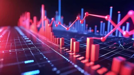 Poster - 3D render of a futuristic stock market graph with red and blue lines and bars.