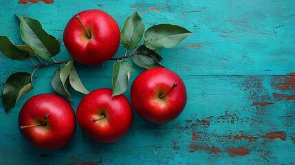 Aufkleber - Red apples and leaves on a wooden blue turquoise background : Generative AI