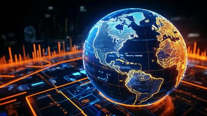 Poster - A glowing blue and orange digital globe on a dark background.