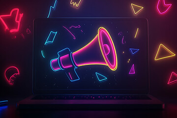 Poster - A vibrant digital illustration of a megaphone on a laptop, surrounded by colorful geometric shapes.