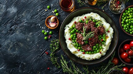 Poster - Mashed potatoes with beef meat and green peas in bowl Dark background Copy space Top view : Generative AI