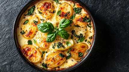 Aufkleber - Potato gratin backed potato slices with creamy sauce Top view Copy space : Generative AI