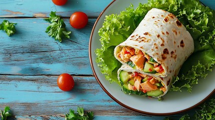 Poster - Wrap sandwich roll with salmon cucumber salad on a white plate Blue background Top view : Generative AI