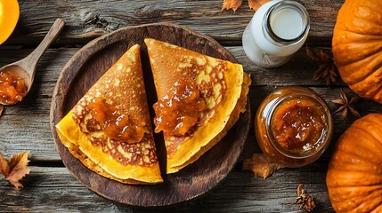 Poster - Thin crepes or pancakes with fresh pumpkin confiture jam and bottle of milk on a rustic wooden background Top view : Generative AI
