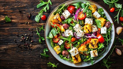 Poster - Grilled vegetables salad with feta cheese in white plate Wooden background Copy space : Generative AI