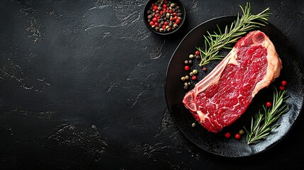 Poster - Beef steak meat medium rare on plate Dark background Copy space Top view : Generative AI