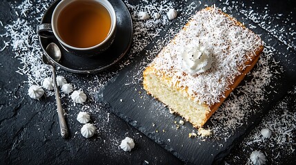 Poster - Banana coconut bread cake with cup of tea on slate board Dark stone background Copy space Top view : Generative AI