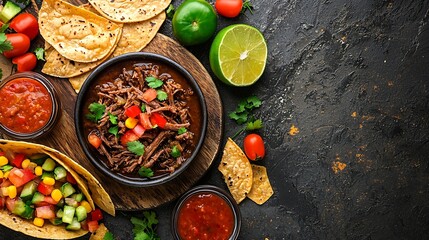 Poster - Mexican shredded beef with tortillas vegetables and sauce Grey background Copy space : Generative AI