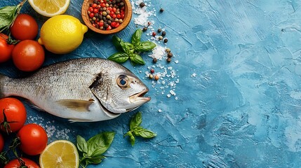 Poster - Raw Dorado fish with cooking ingredients Blue stone background Top view Copy space : Generative AI