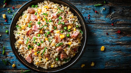 Poster - Asian fried rice with pork ham Blue wooden background Top view : Generative AI